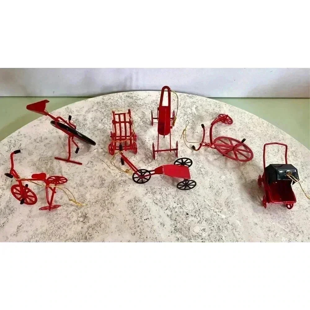 Red Black Metal Vintage Assorted Miniature Christmas Ornaments Set of 7‎ Rare